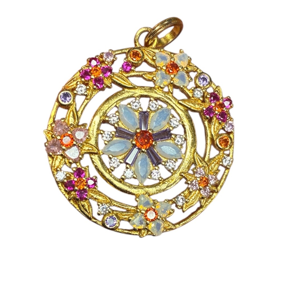 Gold Sterling Silver Floral Pendant Necklace with Colorful Accents